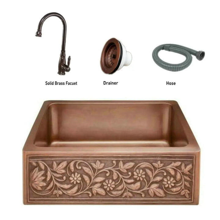 MAEBOW Antique Copper Regtangular Apron Front Single Bowl Artistic Kitchen Sink