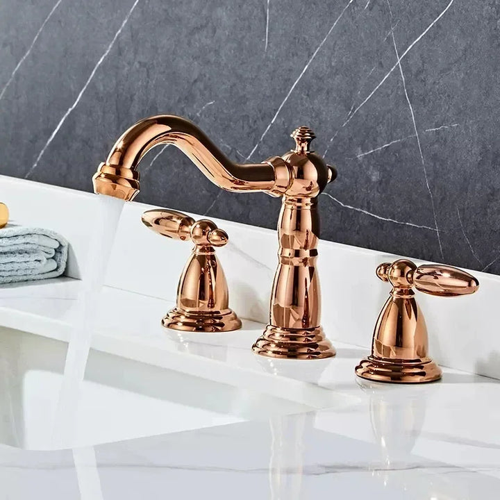 Basin Faucet Brass Gold Widespread Bathroom  Antique Sink  3 Hole Hot And Cold Water  Tap Pop Up