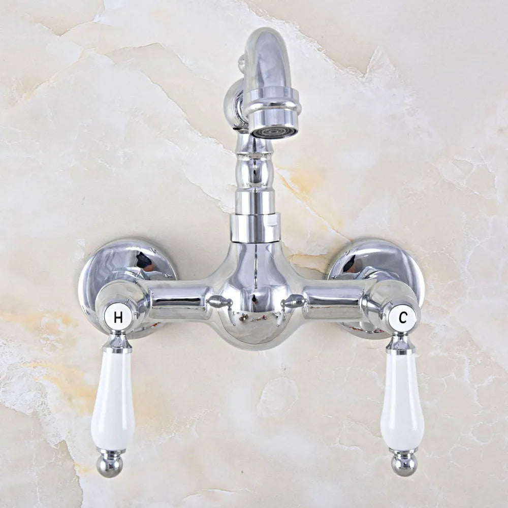 Wall Mounted Bathroom Faucet Polished Chrome Brass Finish Dual Ceramic Handle Washbasin Mixer Vessel Sink Faucets Lnf562