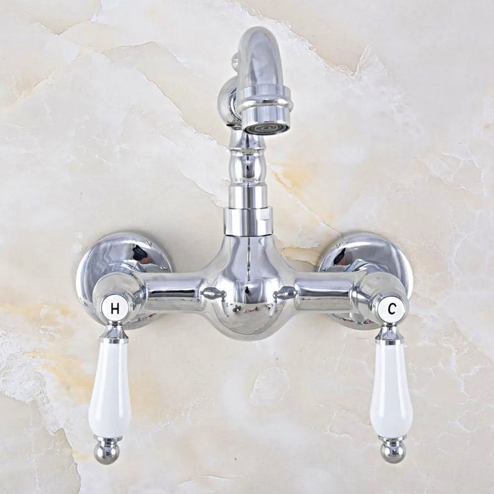 Wall Mounted Bathroom Faucet Polished Chrome Brass Finish Dual Ceramic Handle Washbasin Mixer Vessel Sink Faucets Lnf562