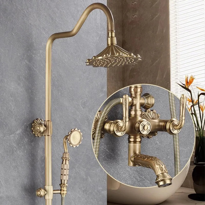 Antique Bronze Carved Bathroom Shower Faucet Set Wall Mounted Bathtub and Shower Faucet Cold & Hot Bath Shower Mixer Tap Brass
