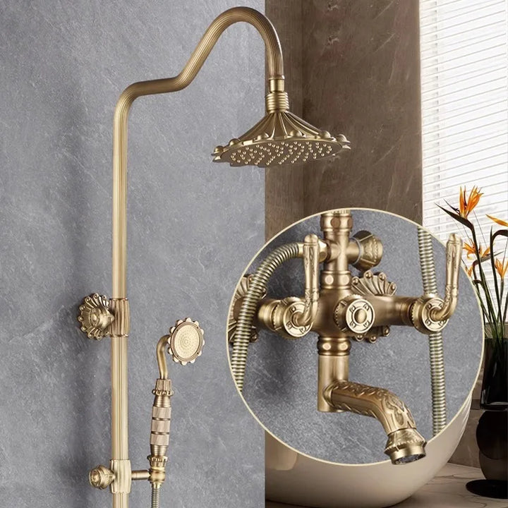 Antique Bronze Carved Bathroom Shower Faucet Set Wall Mounted Bathtub and Shower Faucet Cold & Hot Bath Shower Mixer Tap Brass