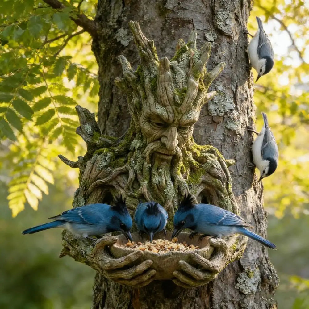 Mounted on Tree Bird Feeder Tree Face Bird Feeder Weatherproof Resin Decorative Birdseed Holder for Garden Backyard