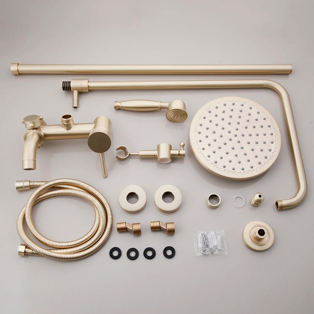 KEMAIDI Brushed Gold Shower Faucet In Wall 8" Stainless Steel Rainfall Bath Shower Set Swivel Bath Spout Bathroom Shower Column
