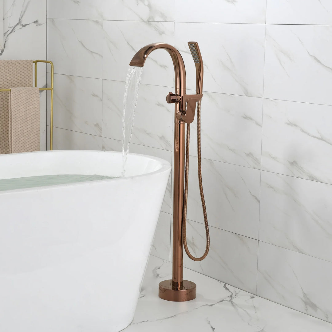 Floor Stand Waterfall Bathtub Faucet Solid Brass Bathroom Bathtub Water Mixer with Hand Shower in Brushed Rose Gold, Black, Gold