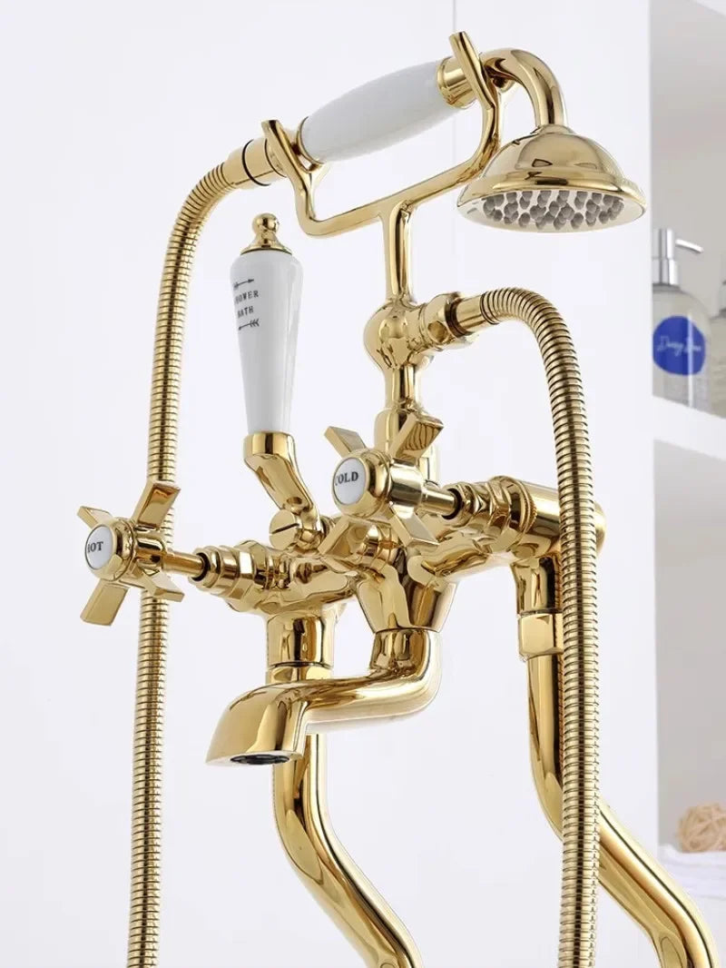 Bathtub Faucet Set Floor Decked Bathroom Classical Top High Quality Gold American Style Ceramic Handle Shower Faucet