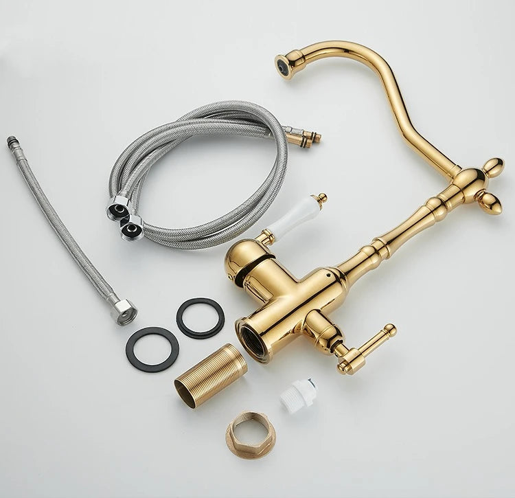 Brass light luxury three-in-one pure water faucet household sink washbasin hot and cold water faucet anti-splash