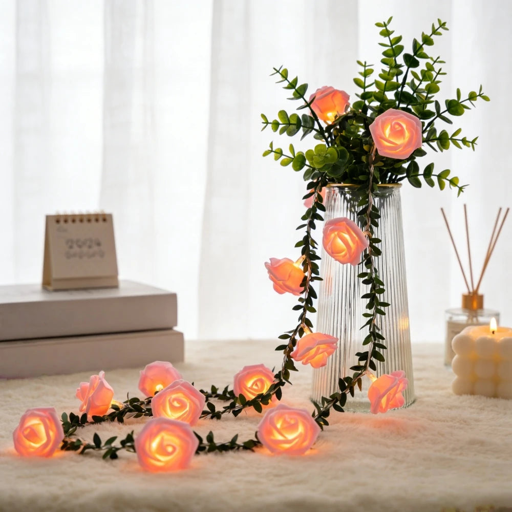 1PC 20/40 LED Rose Flower String Lights Battery Powered Flower Rose Night Lamp For Wedding Valentines Day Party Garland Decor