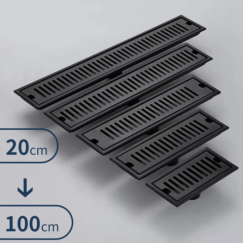 Black Floor Drain 304 Stainless Steel Shower Drain Long Strip Odor Proof Bathroom Floor Drainage Large Displacement
