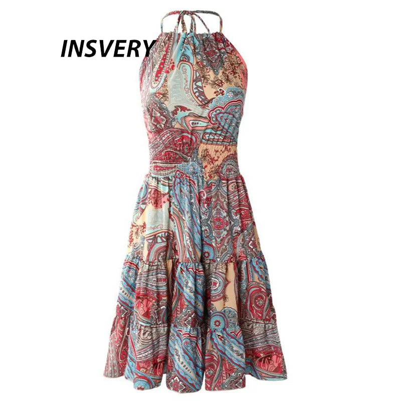 Summer Floral Print Mini Dress Women Sexy Halter Dresses For Women Casual Sleeveless  Beach Holiday Dress Boho