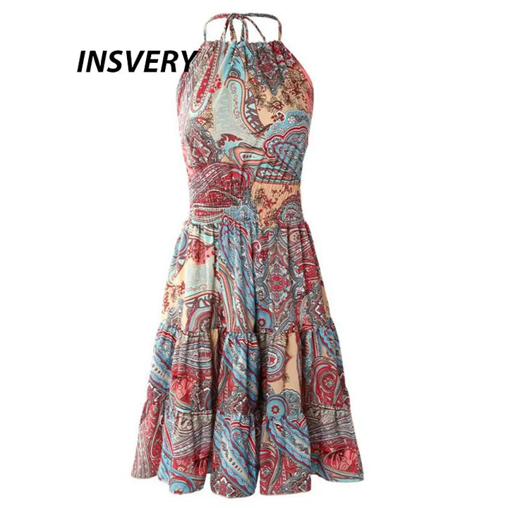 Summer Floral Print Mini Dress Women Sexy Halter Dresses For Women Casual Sleeveless  Beach Holiday Dress Boho