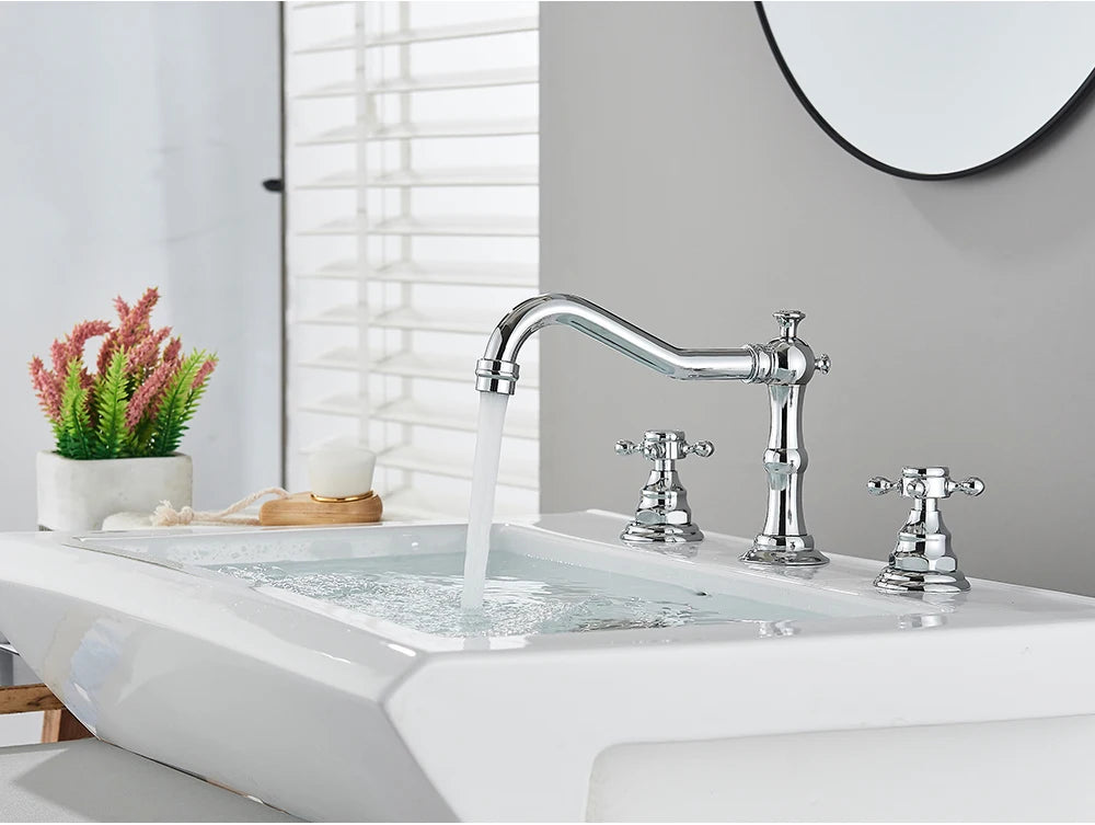Antique Brass Bathroom Mixer Taps Widespread Basin Faucet Dual Handles Hot and Cold Tap Deck Mounted Brass Basin Sink Faucet