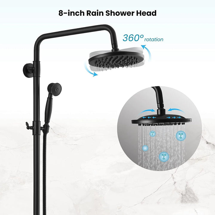 KEMAIDI Bathroom Black Shower Set Wall Mounted 8" Rainfall Shower Faucet 3-functions 2 Cross Handles Solid Brass Shower Fixtures