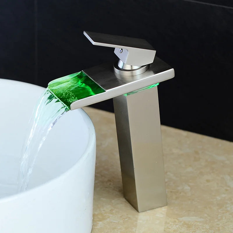 Brushed Gold LED Basin Faucet Waterfall Sink Taps Color Changing Temperature Bathroom Mixer Brass Cold Hot Tap