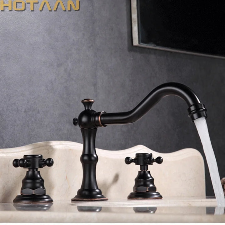 Solid Brass Bathroom Basin Mixer Tap Antique Brass  Kitchen Sink Faucet Dual Handles 3 holes 3 pcs Deck Mounted Basin Faucet