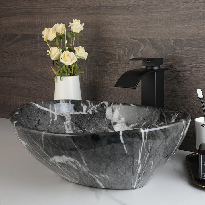 KEMAIDI Oval Vessel Sink with Faucet White Marbling Bathroom Vessel Sinks Above Counter  Ceramic Vessel Sinks for Bathroom Mixer