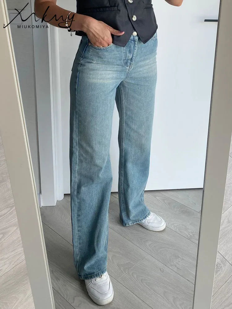 MiuKoMiYa Straight Leg Jeans For Women High Waist Gray Long Wide Denim Pants Vintage Blue Boyfriend Jeans