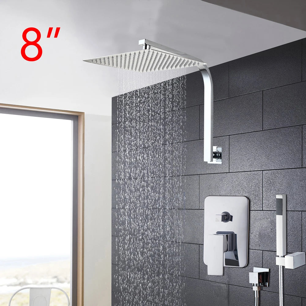 Torayvino Bathroom Shower Set LED Square Rainfall Shower Head Wall Mounted W/ Control Valve Hand Sprayer Chrome Polished Kit
