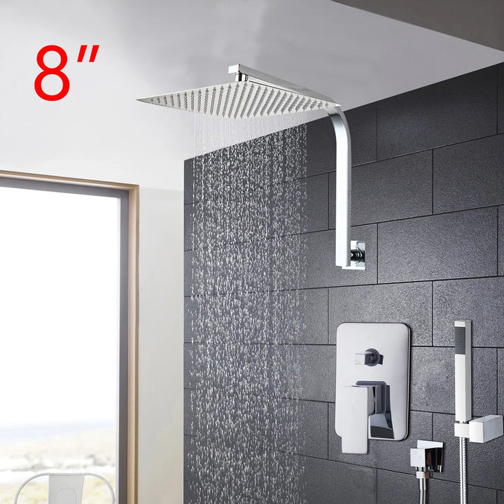 Torayvino Bathroom Shower Set LED Square Rainfall Shower Head Wall Mounted W/ Control Valve Hand Sprayer Chrome Polished Kit