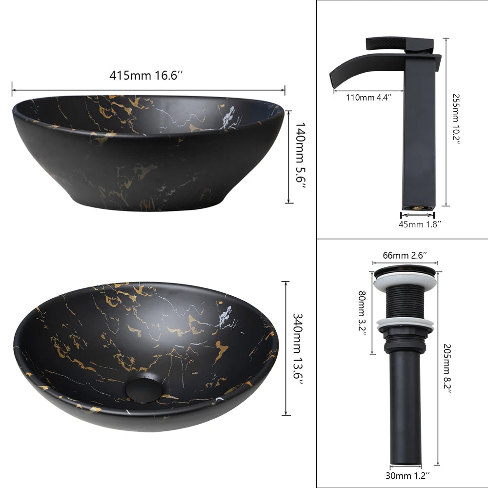 KEMAIDI Oval Vessel Sink with Faucet White Marbling Bathroom Vessel Sinks Above Counter  Ceramic Vessel Sinks for Bathroom Mixer