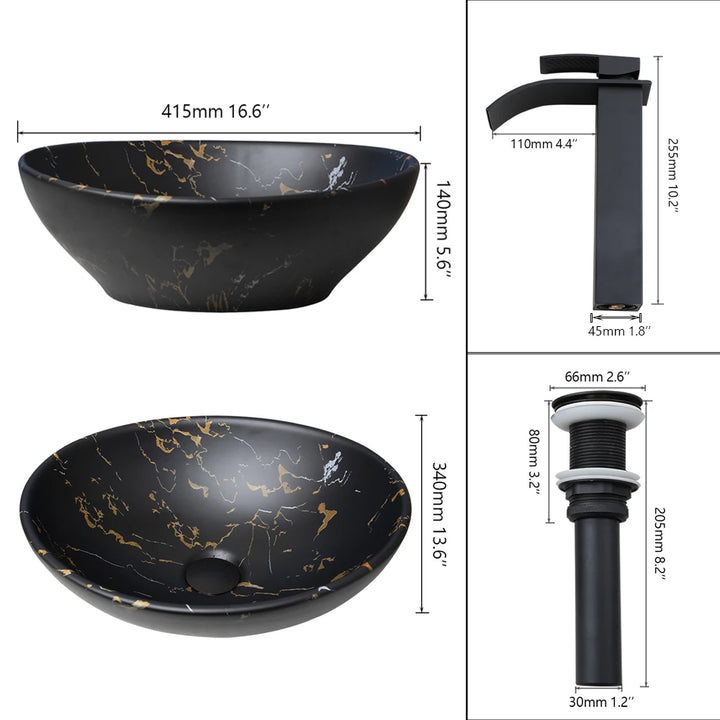 KEMAIDI Oval Vessel Sink with Faucet White Marbling Bathroom Vessel Sinks Above Counter  Ceramic Vessel Sinks for Bathroom Mixer