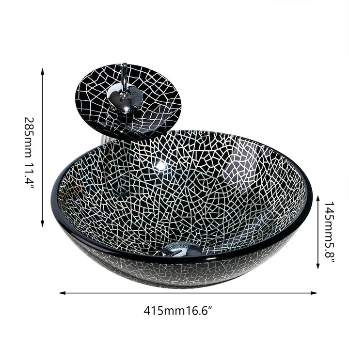 MONITE Tempered Glass Bathroom Sink Set Hand-Painted Art Basin Combine Round Waterfall Bowl Basin Faucet Multiple Styles