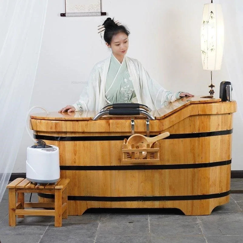 Portable Bathtubs Wooden Barrel Sweat Steaming with Cover Home Full Body Adult Bath Barrel Adult Home Beauty Salon Bath Tub