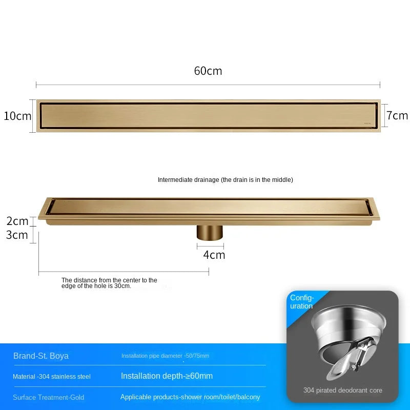 Luxury Hidden 304 Stainless Steel Rectangular Floor Drain Bathroom Toilet Drain Anti-Odor Filter Hair Extended Floor Drain