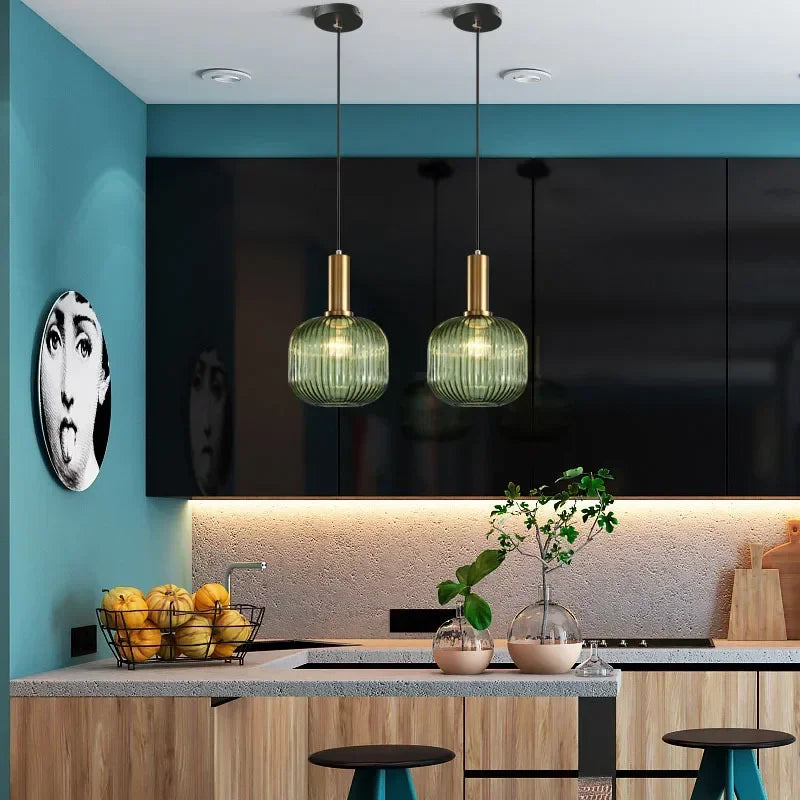 DINDALLED Striped Glass Pendant Light Nordic Vintage Chandelier for Dining Kitchen Island Hanging Lamp Lighting Decor