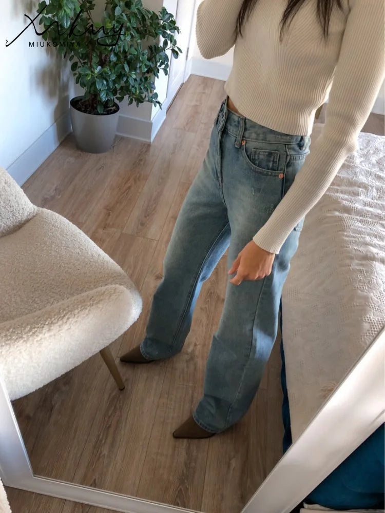 MiuKoMiYa Straight Leg Jeans For Women High Waist Gray Long Wide Denim Pants Vintage Blue Boyfriend Jeans