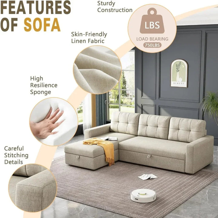 High Quality Living Room Sofa, Convertible Sofa Bed With 3 Cushions And Breathable Fabric Suitable For Apartments