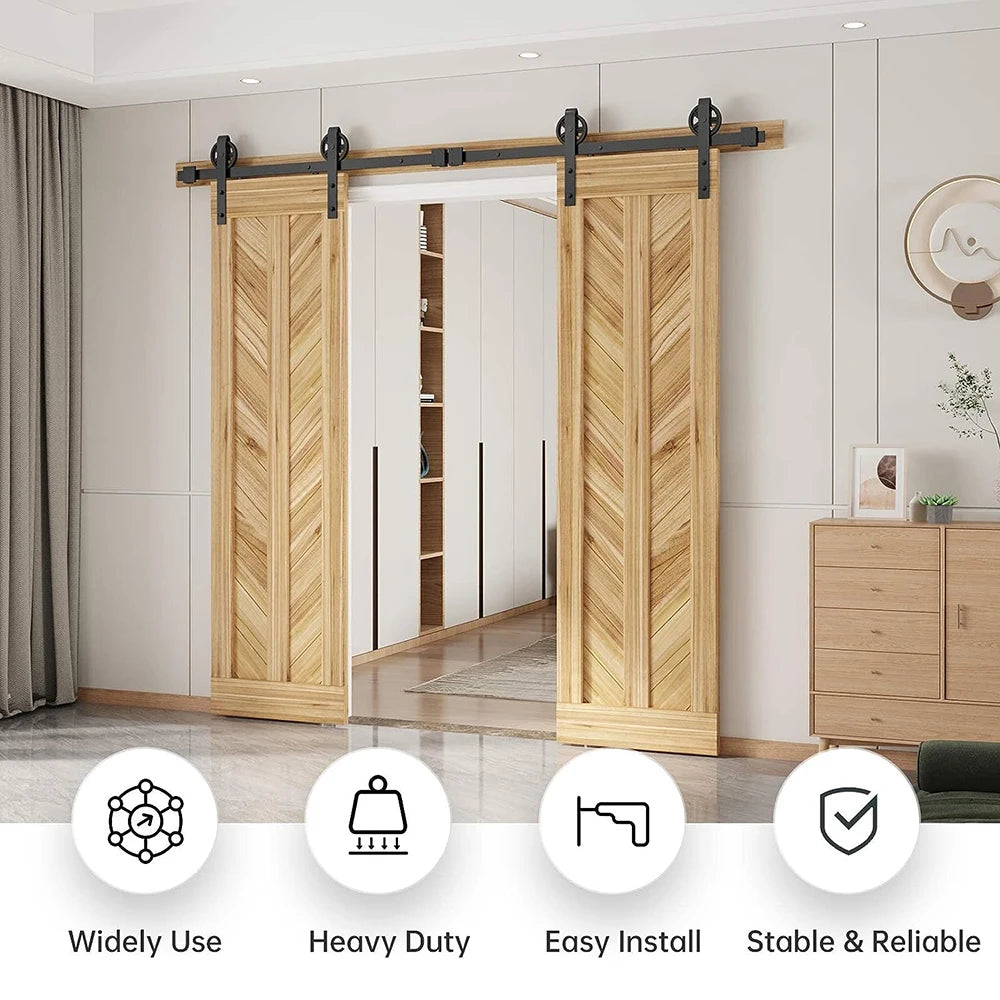 LWZH Heavy Duty Sliding Barn Door Hardware Kit with Big-Rollers 8-20FT Black Steel Track Roller Set for Two Door Smoothly