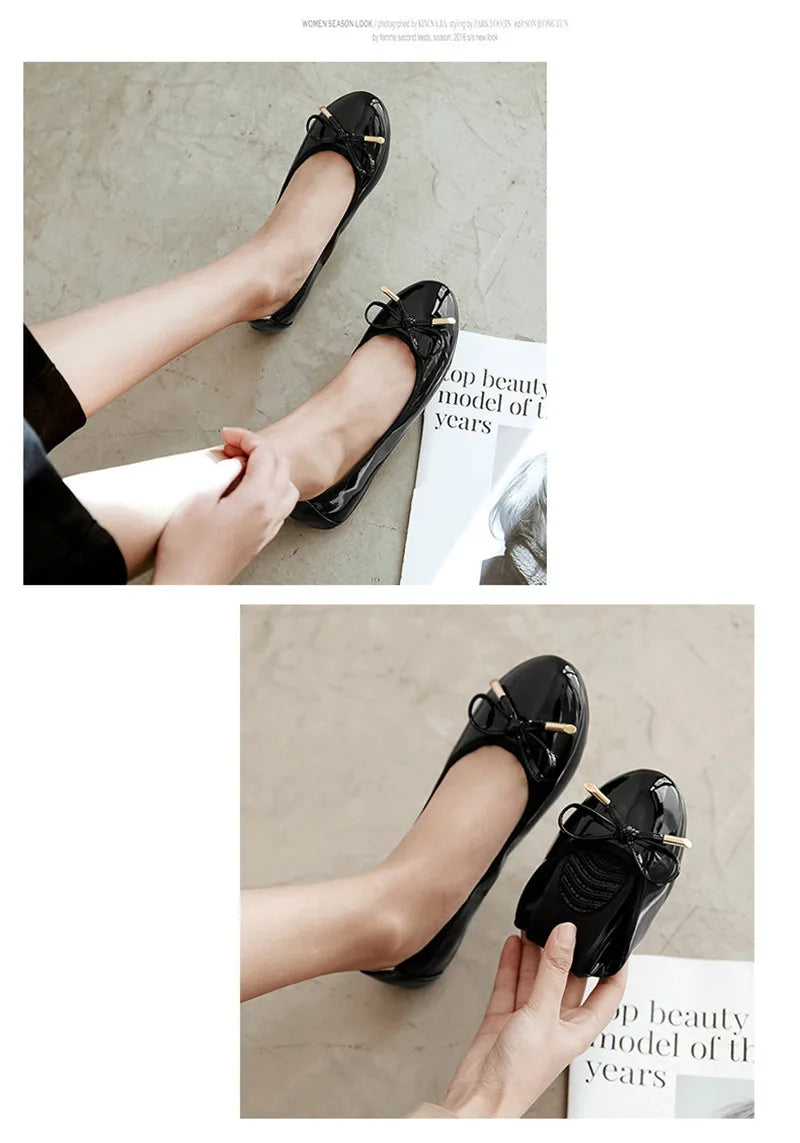 Ladies Loafers Shoes Bowtie Flats Patent Leather Loafers Women Round Toe Roll-Up Shoes Woman Bridesmaid Flats Large Size Zapatos