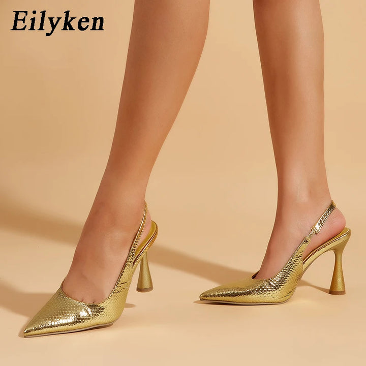 Eilyken New Spring Pointed Toe Gold,Silver Mules Stiletto High Heel Shoes