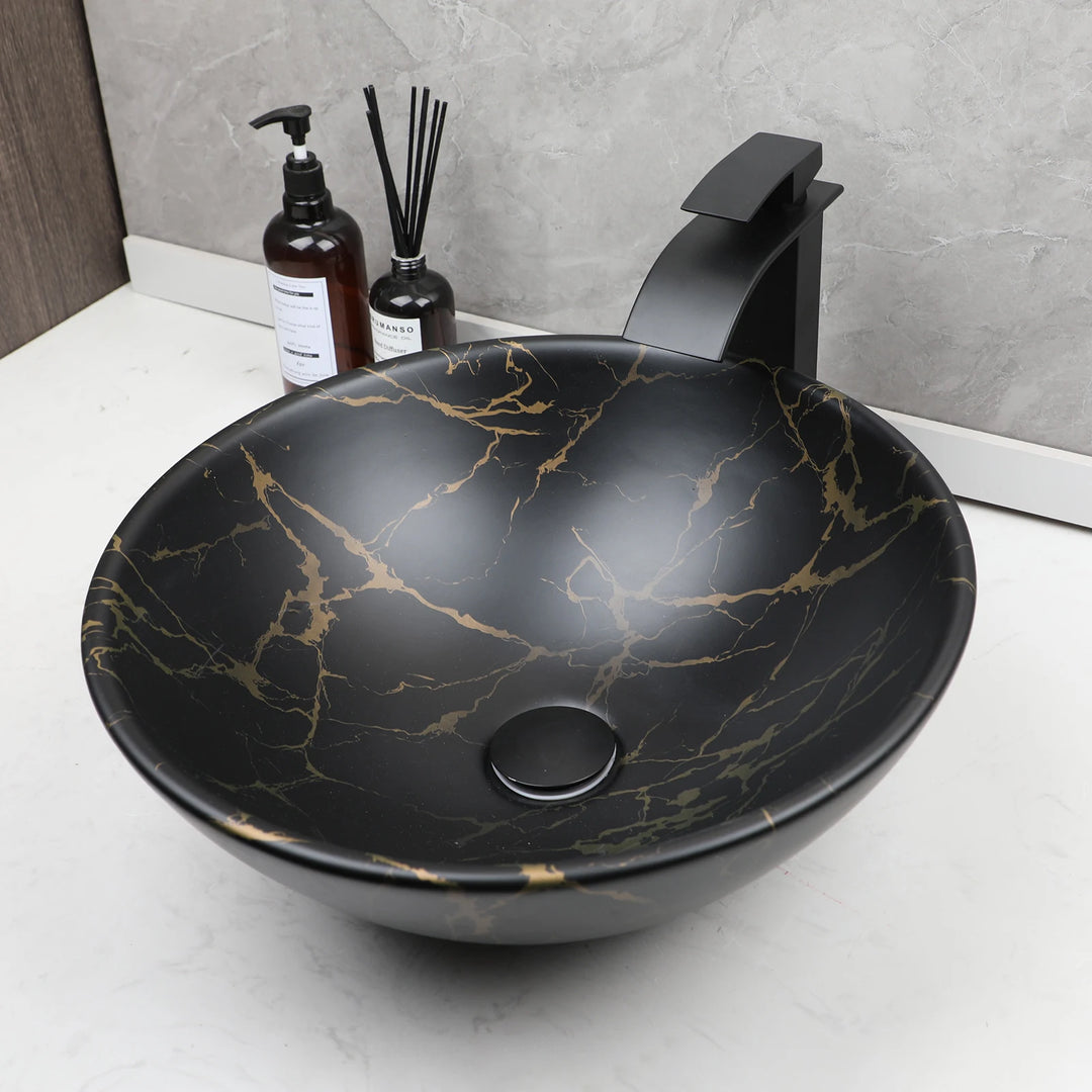TORAYVINO Ceramic Bathroom Basin Sink Faucet Set Matter Black Vessel Vanity Top Sink Waterfall 2 Hole Single Handle Faucet Mixer