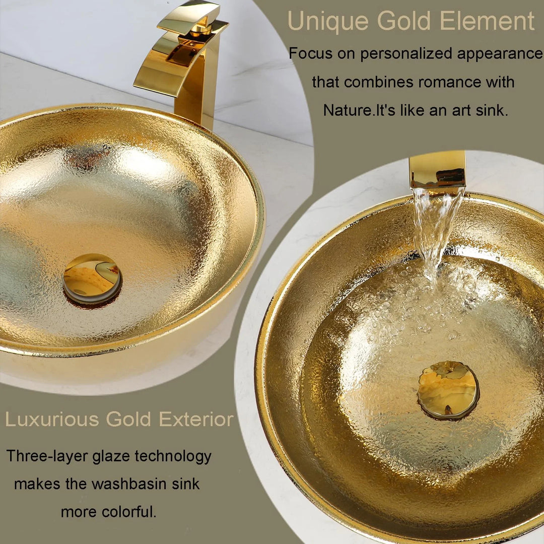 KEMAIDI Gold Ceramic Vessel Sink with Faucet Combo Rounf Bathroom Sink Above Counter Basin Bowl Sinks for Bathroom,Hotel,Gargen