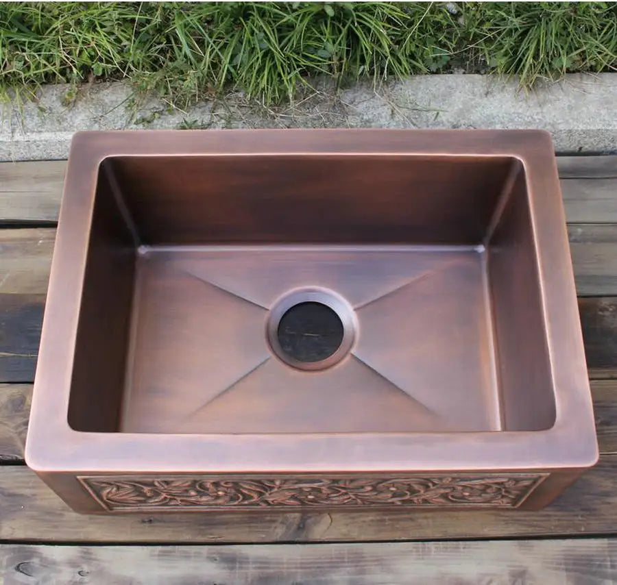 MAEBOW Antique Copper Regtangular Apron Front Single Bowl Artistic Kitchen Sink