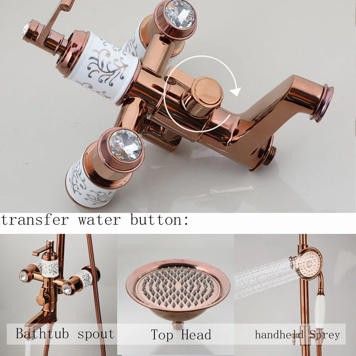 KEMAIDI Solid Brass Bathroom Shower Set Golen Plated Rainfall Shower Systerm Bath Shower Faucet Mixer 3 in 1 Wall Mounted Shower