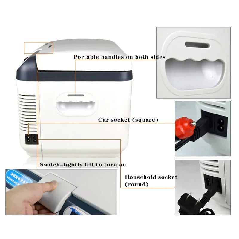 Dual Charging Portable Car Refrigerator, 12V Car 220V Home Mini Fridge with Carry Strap