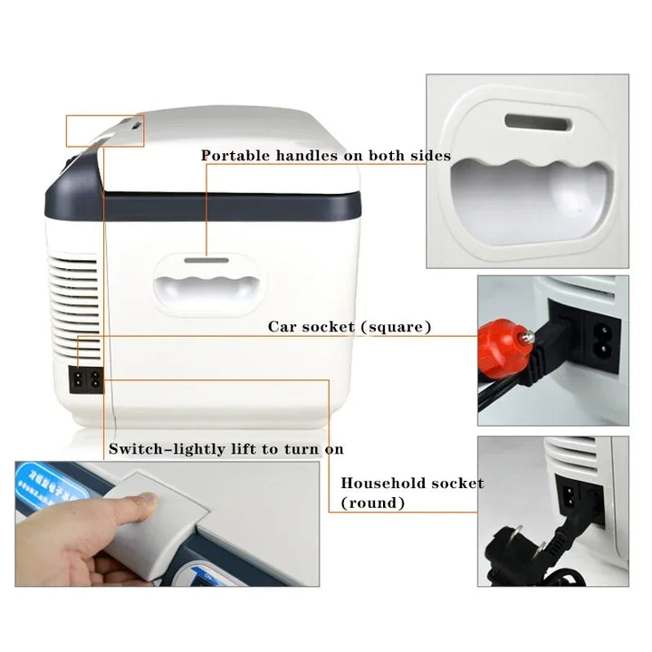 Dual Charging Portable Car Refrigerator, 12V Car 220V Home Mini Fridge with Carry Strap