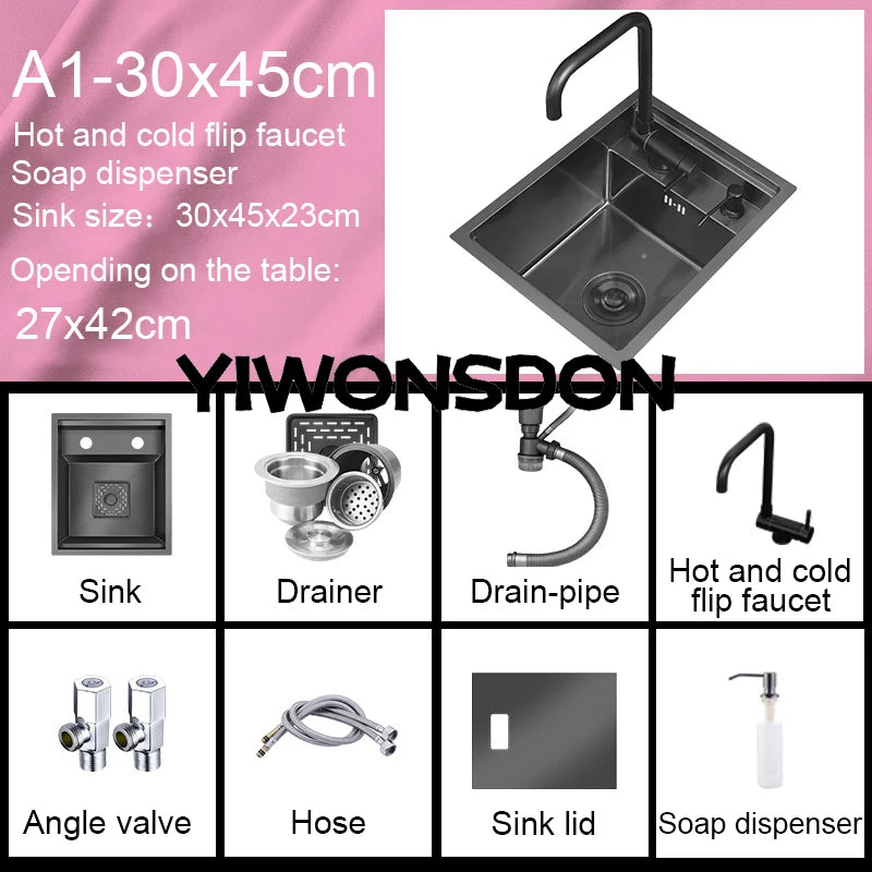 Nano Hidden Bar Kitchen Sink Black Folding Faucet Mini Small Single Bowl Wash Basin Stainless Steel Soap Dispenser Accessories