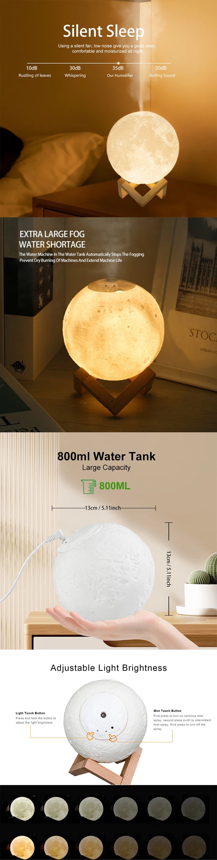 800ml Moon Essential Oil Aroma Diffuser USB Power Cord Ultrasonic Noiseless Cool Mist  Adjustable Color Lights Air Humidifier