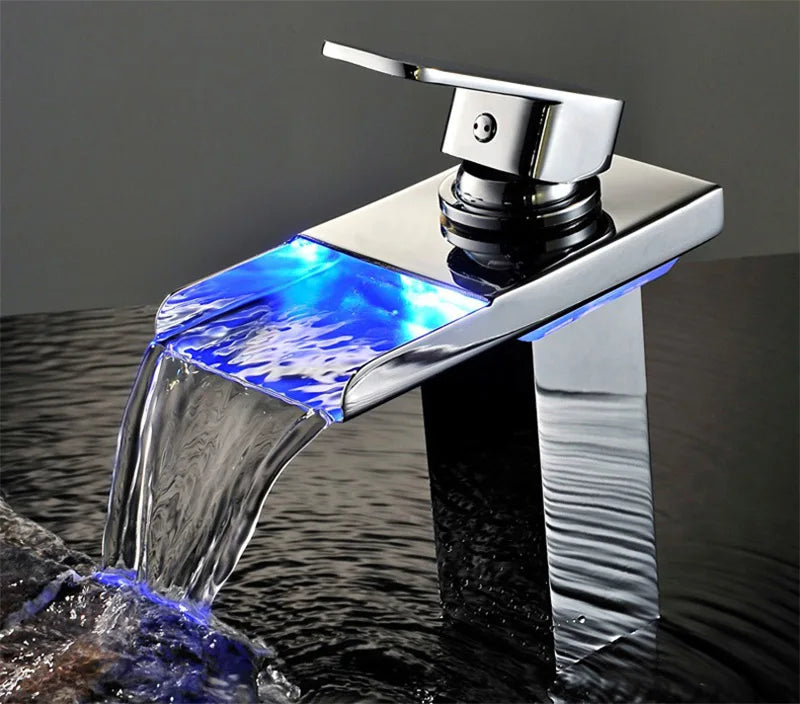 Brushed Gold LED Basin Faucet Waterfall Sink Taps Color Changing Temperature Bathroom Mixer Brass Cold Hot Tap