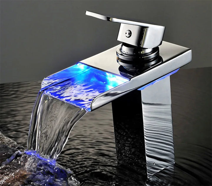 Brushed Gold LED Basin Faucet Waterfall Sink Taps Color Changing Temperature Bathroom Mixer Brass Cold Hot Tap