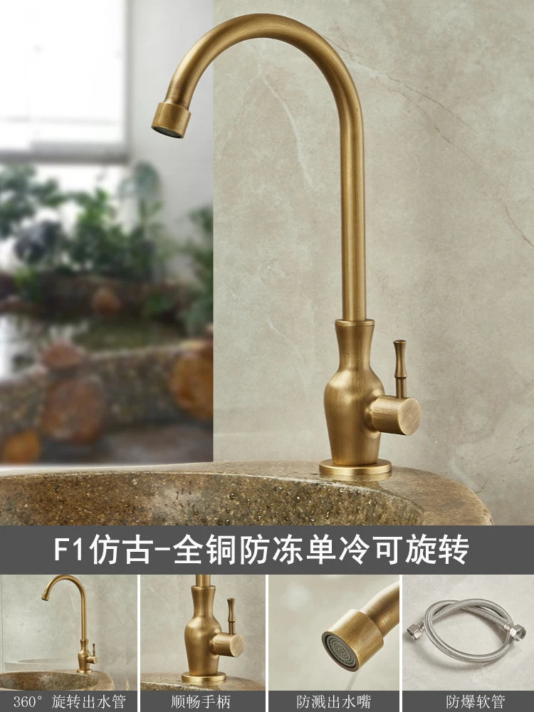 Outdoor Antifreeze Faucet Antique Brass Balcony Wash Basin Single Cooling Faucet Vanity 360°Swivel Rotate Spout Only Cold Tap
