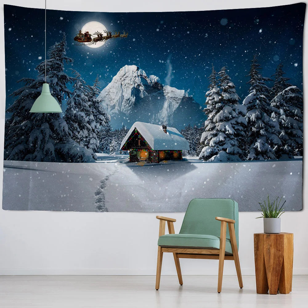 Christmas tapestry, winter snow view, Santa Claus, elk fireplace, room art decoration, wall hanging cloth,