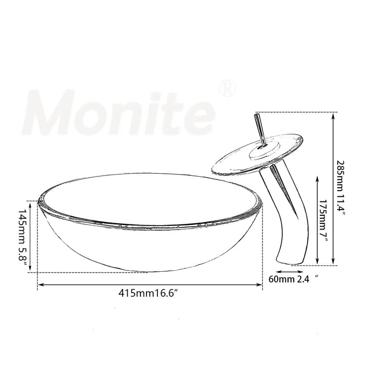 Monite Round Tempered Glass Bathroom Washbasin Sinks Countertop Transparent Glass Sink W/ Chrome Brass Waterfall Faucet Set