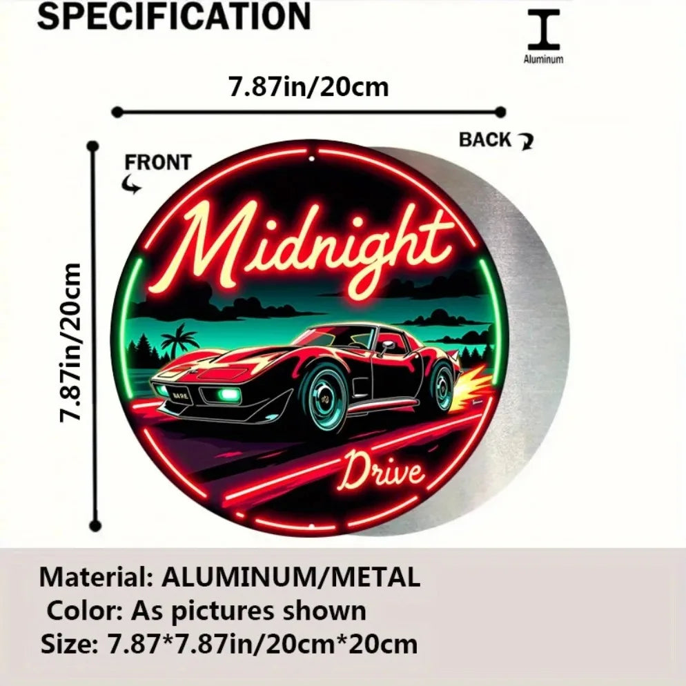Vintage Neon Car Sign Midnight Drive – Retro Automotive LED Art Metal Sign with Red & Green Lights, Round Metal Wall Decor