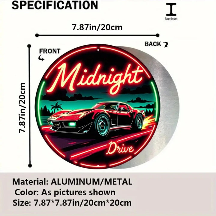 Vintage Neon Car Sign Midnight Drive – Retro Automotive LED Art Metal Sign with Red & Green Lights, Round Metal Wall Decor