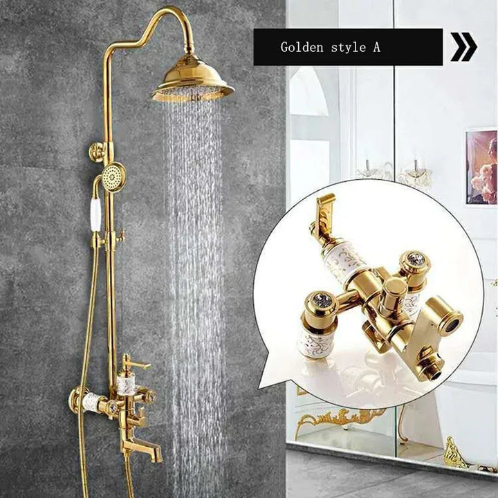 KEMAIDI Solid Brass Bathroom Shower Set Golen Plated Rainfall Shower Systerm Bath Shower Faucet Mixer 3 in 1 Wall Mounted Shower